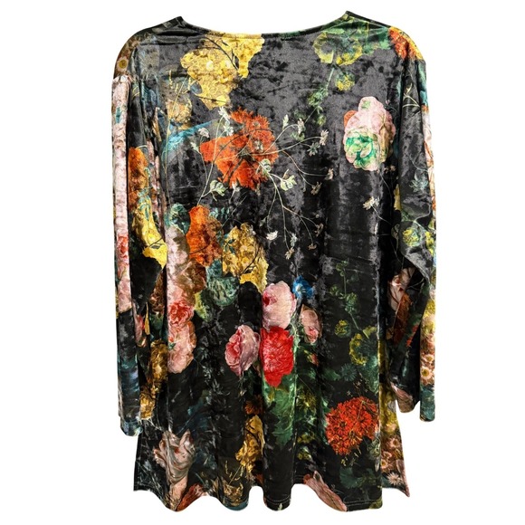 Calessa Tunic Top 1X Bright Floral black Velvet Burnout Stretch Boho Hippie - Picture 2 of 9